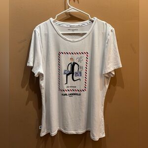 Karl Lagerfeld Paris White Graphic with Luggage and Cat Size Large T-Shirt
